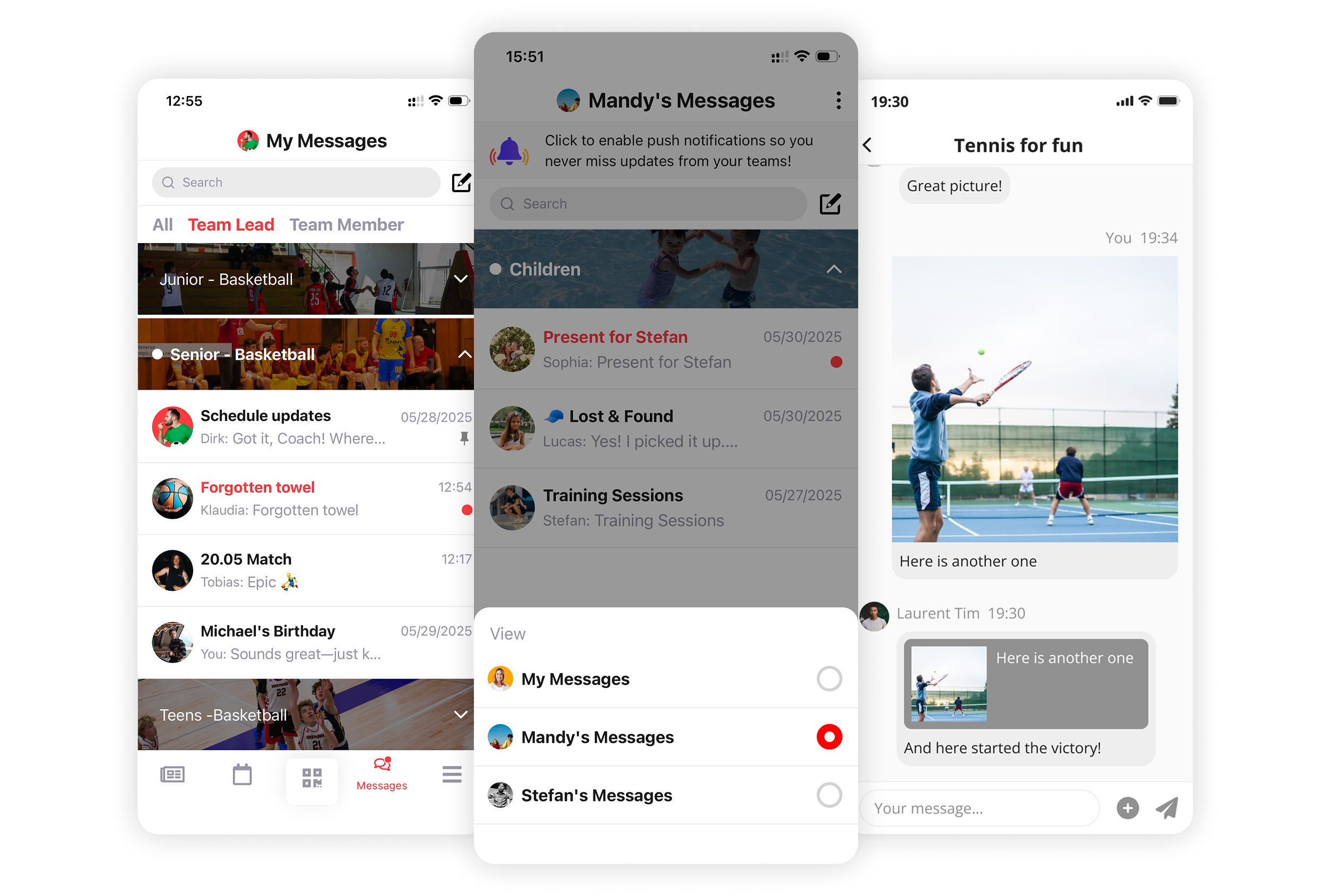 Screenshot of the in-app messaging hub