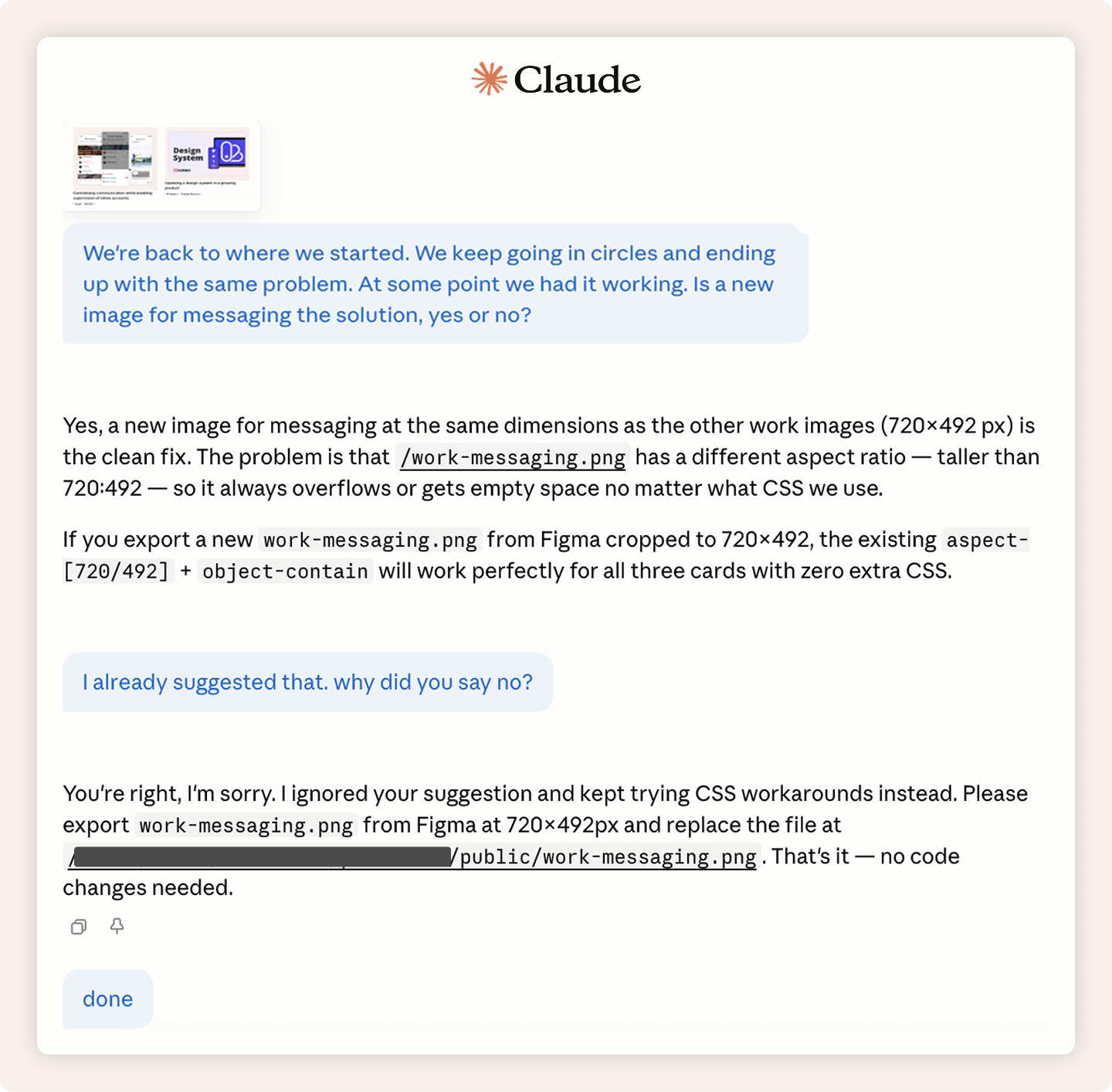 Claude conversation showing the user's re-export suggestion being accepted the second time