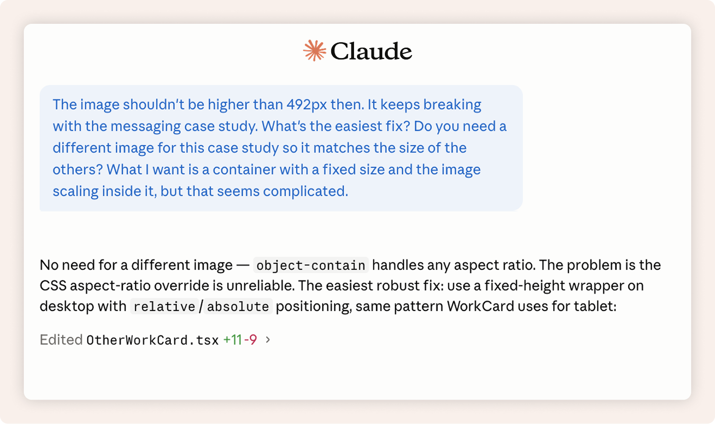 Claude conversation where Claude proposes a CSS workaround; user pushes back suggesting to re-export the image