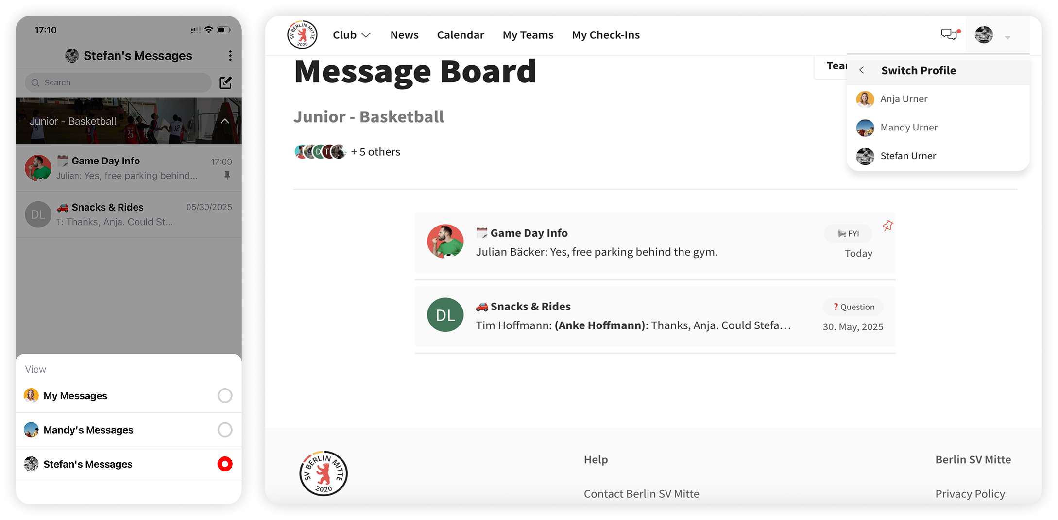 Mobile and web messaging interfaces side by side