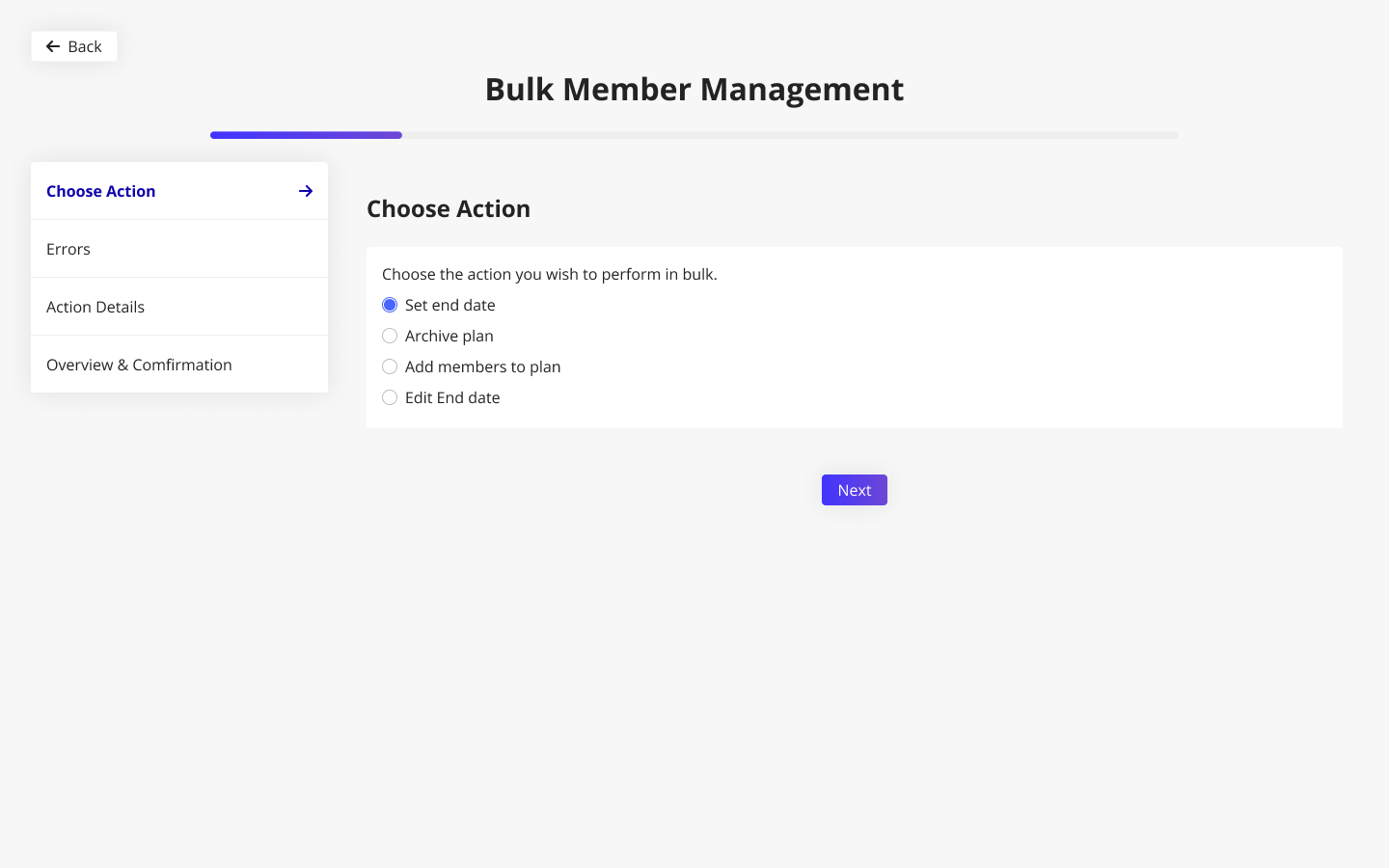 Bulk action flow on a subscription, with options to set end date, archive plan, add members, or edit end date. Applied to all or selected members of that subscription.