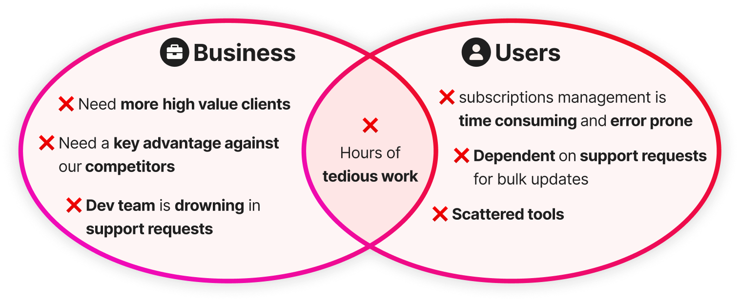 Venn diagram of business and user pain points overlapping in "hours of tedious work": business needs more high-value clients, a key advantage against competitors, and relief for a dev team drowning in support requests; users find subscription management time-consuming and error-prone, dependent on support for bulk updates, and stuck with scattered tools